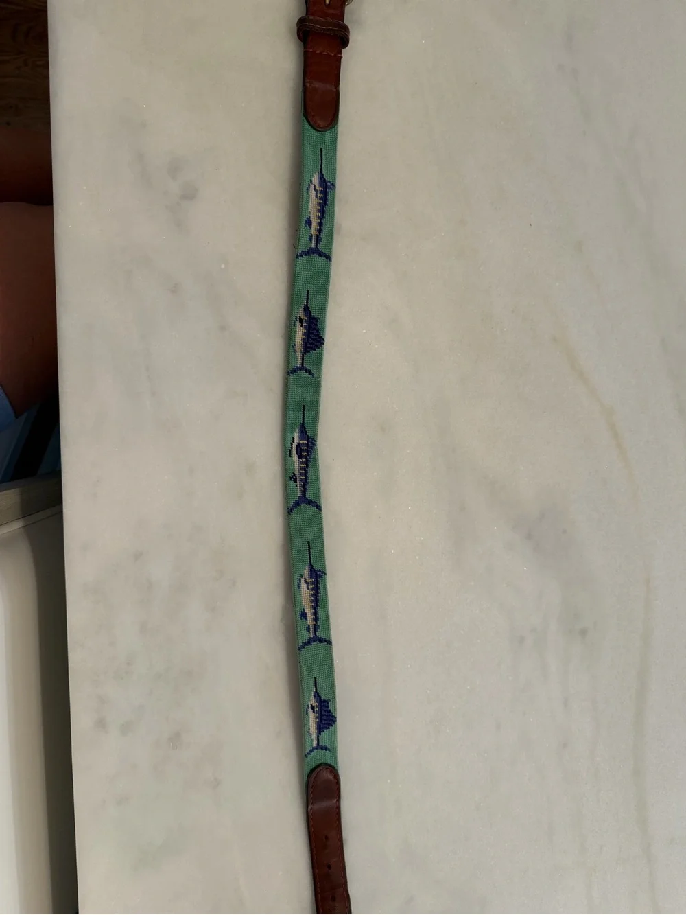 Smithers and Branson Children's Mint Billfish Needlepoint Belt - size Kids Large
